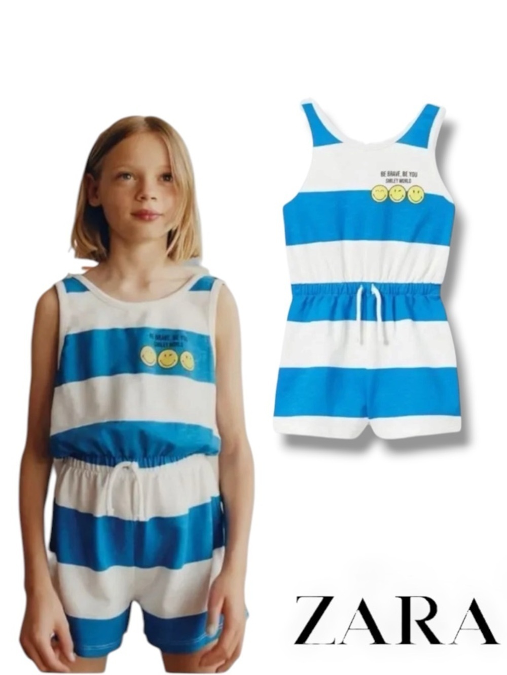 ZARA Kids Blue White SmileyWorld Happy Collection Jumpsuit NWT 6 7 12